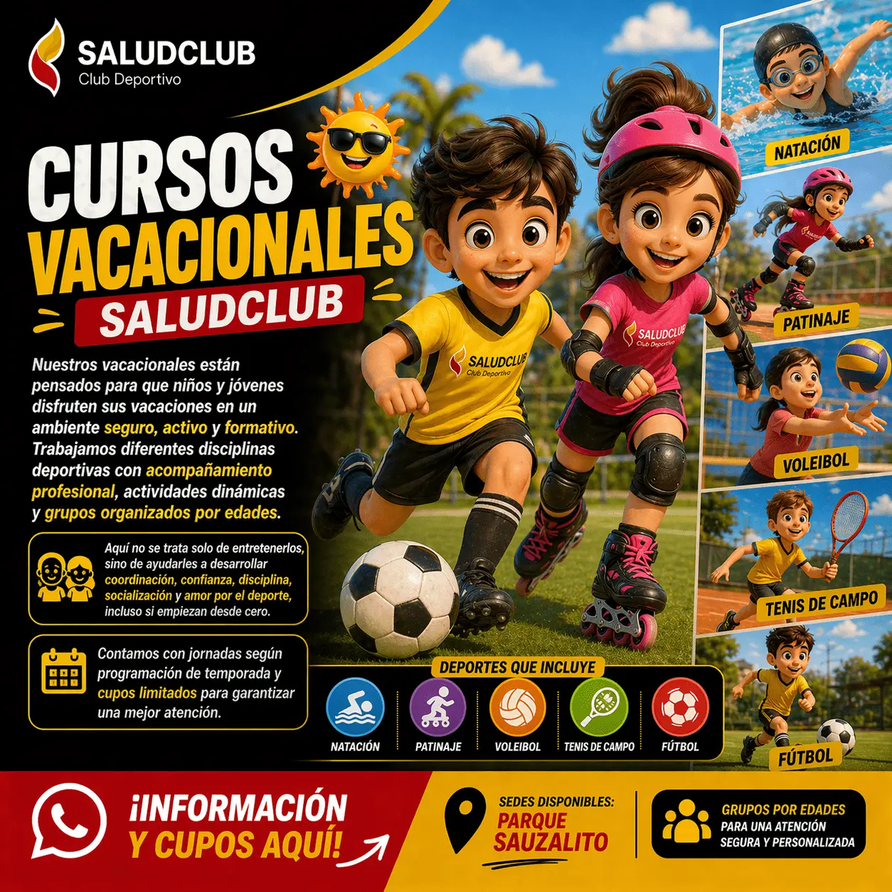 Cursos vacacionales para niños en Bogotá 2026. Del 22 de junio al 10 de julio. Natación, fútbol, patinaje, voleibol, tenis y baloncesto. Parque Sauzalito. Cupos limitados.